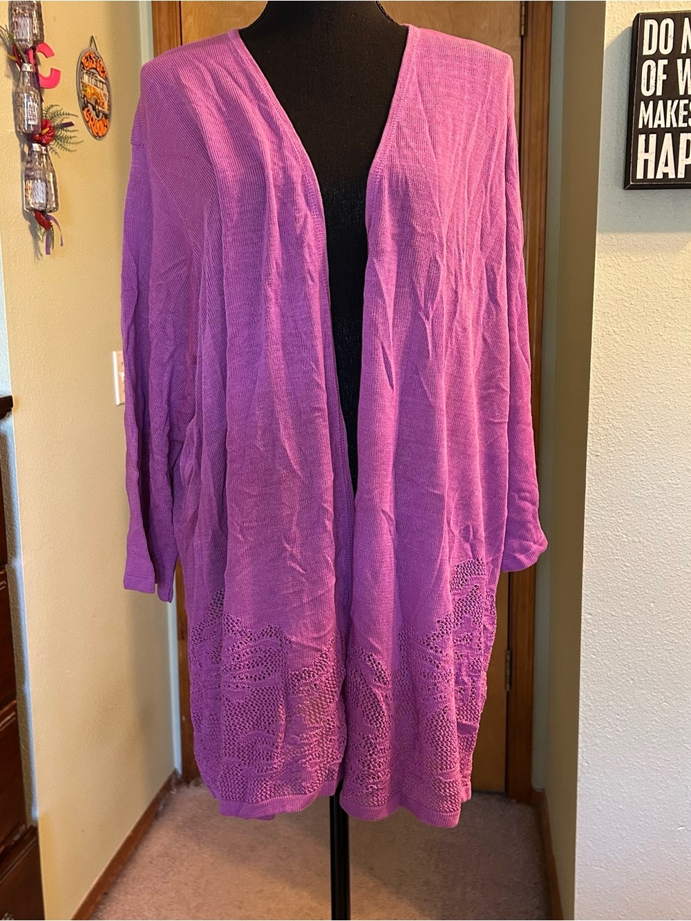 Catherine’s purple open front knit cardigan with pointelle floral hem size 4X